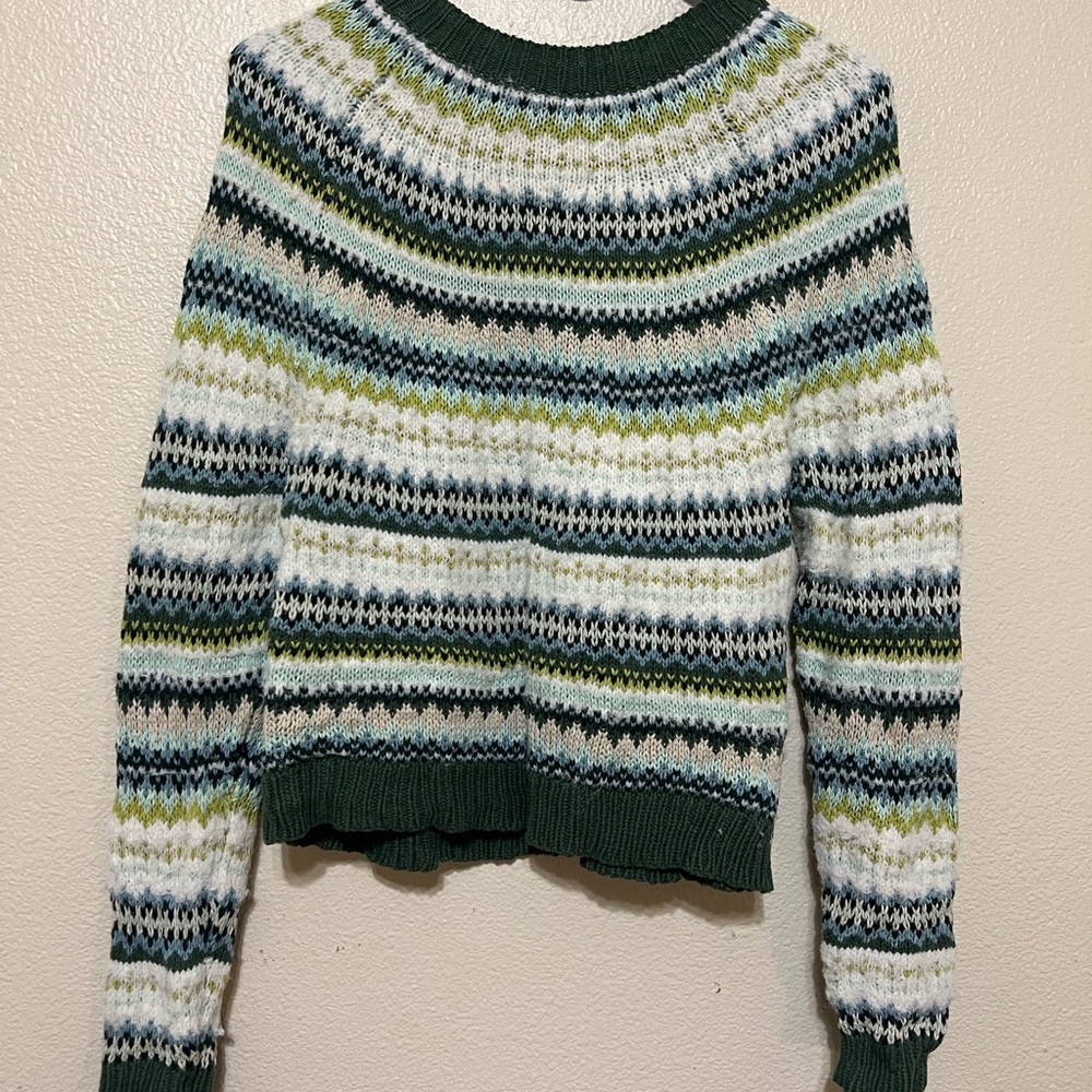 American Eagle Outfitters Green & White Fair Isle Crewneck Sweater
